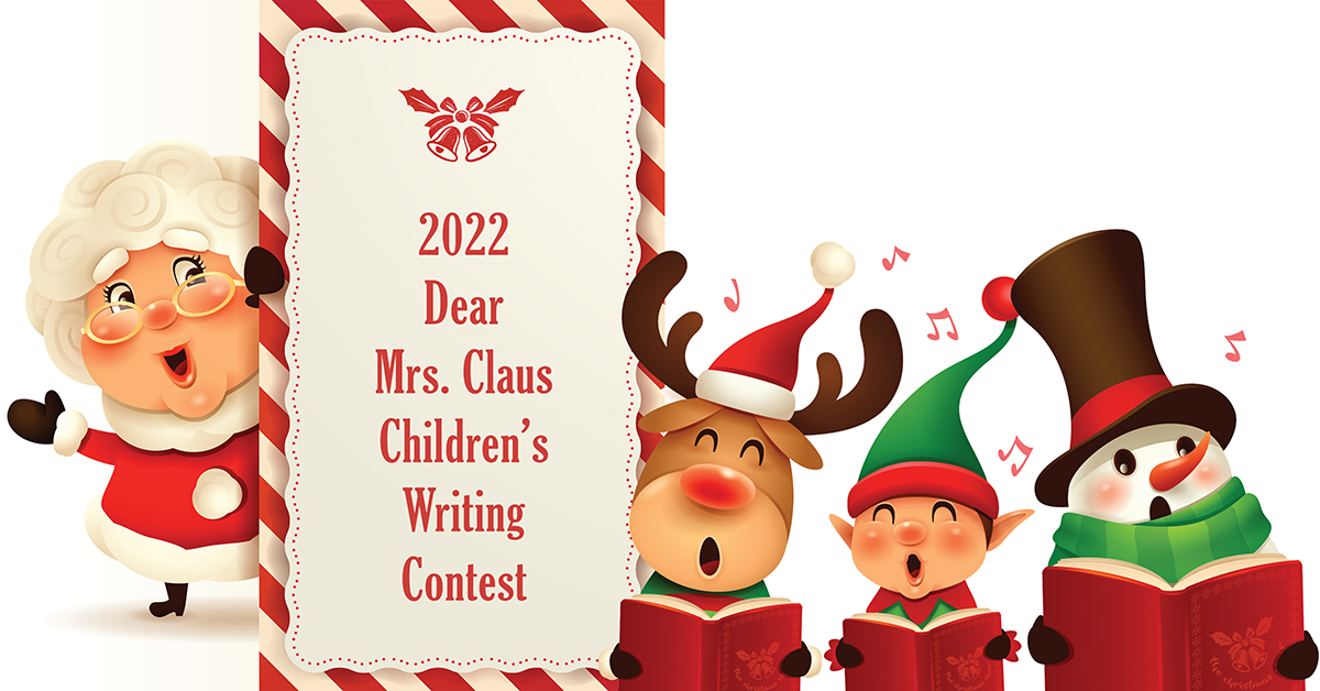 A banner image of a cartoony Mrs. Claus holding up a sign announcing the contest. A reindeer, an elf, and a snowman are singing carols next to her.