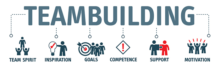 A graphic diagram of the word 'teambuilding' in big capital letters with spokes coming off it. Each spoke connects to a stick figure graphic representing a different concept: team spirit, inspiration, goals, competence, support, and motivation.