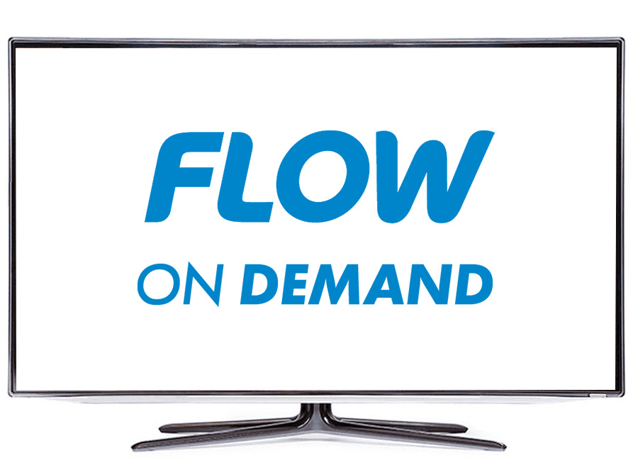 A photo of an LCD TV displaying the Flow Trinidad cable TV company logo and, beneath it, the words "On Demand".