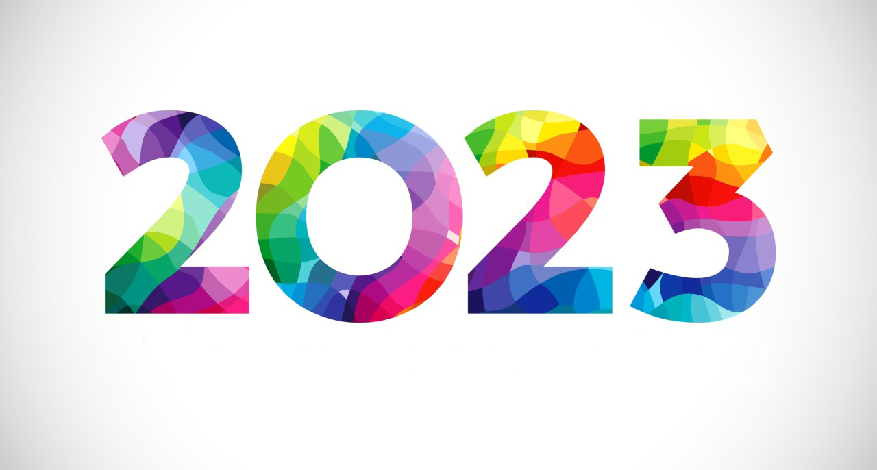 The year 2023, its numbers made of rainbow colours.