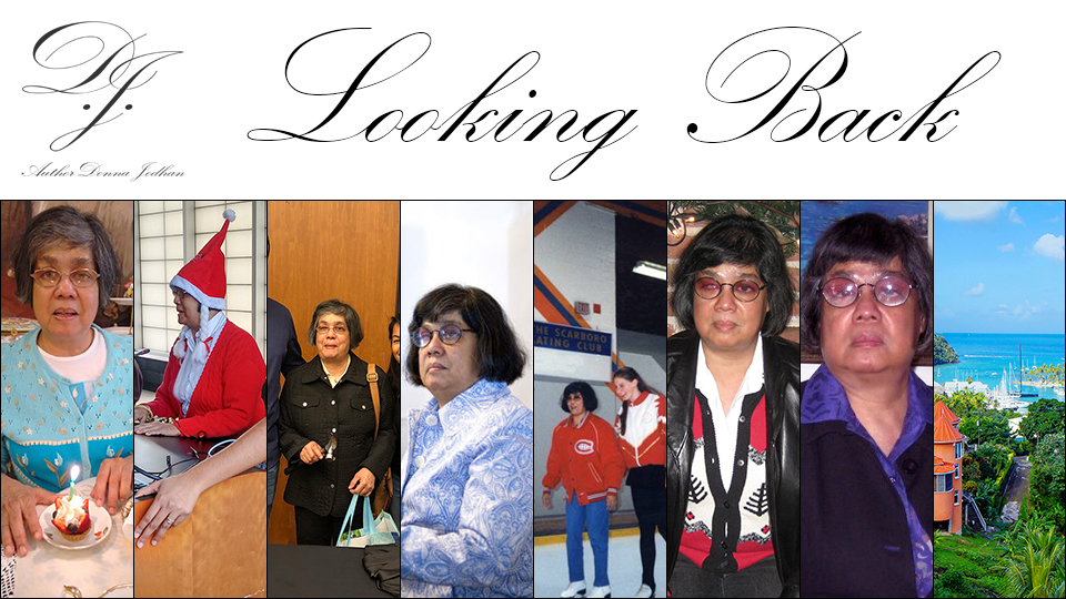 A collage of Donna Jodhan receiving various awards and accolades. The top bears her initials, D. J., and says, "LOOKING BACK."