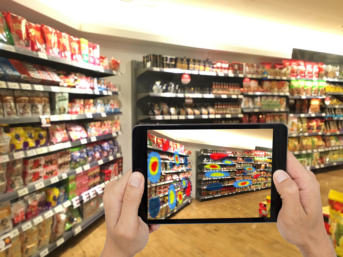 Smart retail. Futuristic concept. Tablet uses augmented reality to show inventory as an eye-tracking heat map.