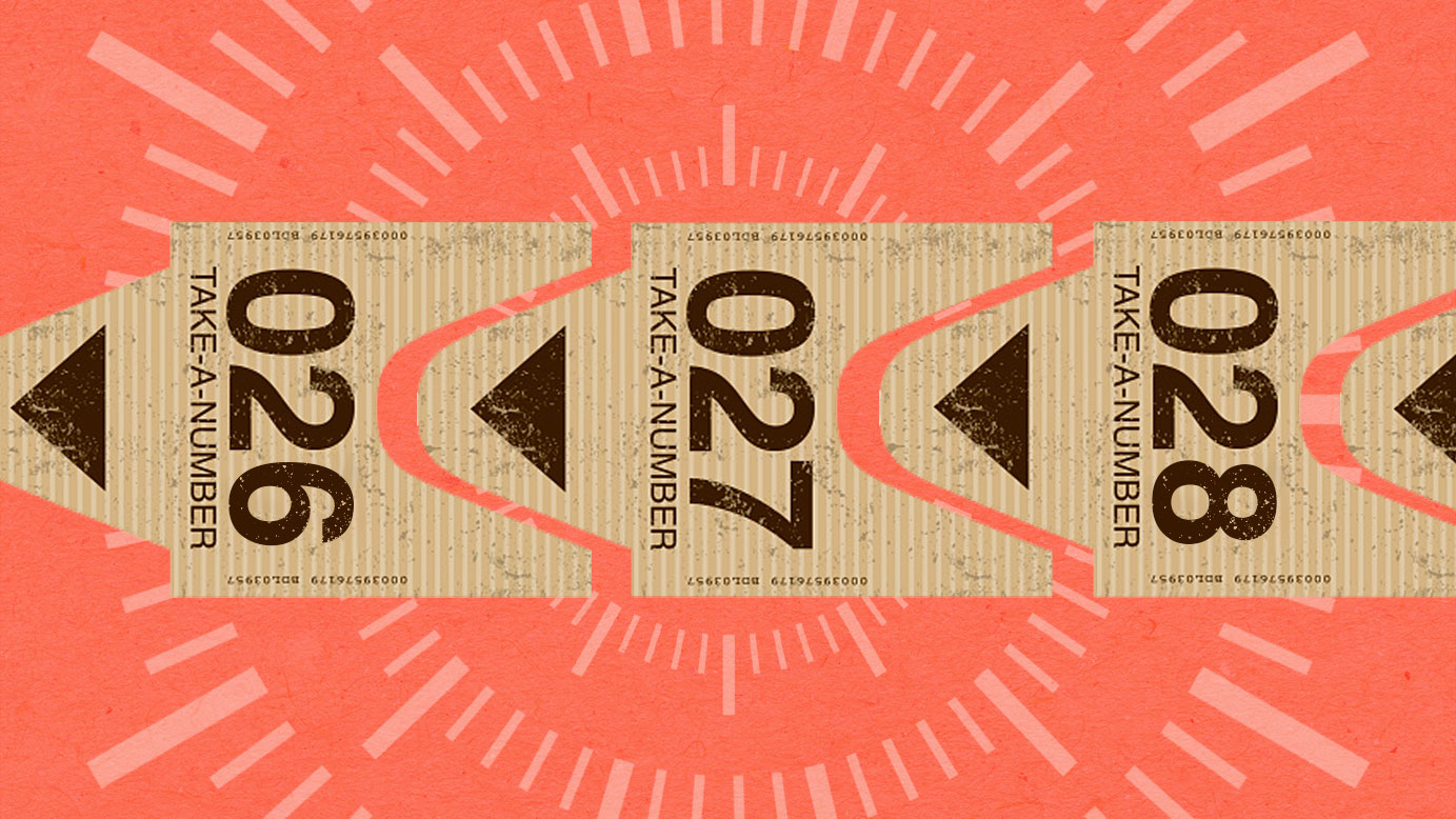 A string of "take a number" tickets laid across a coral orange background.