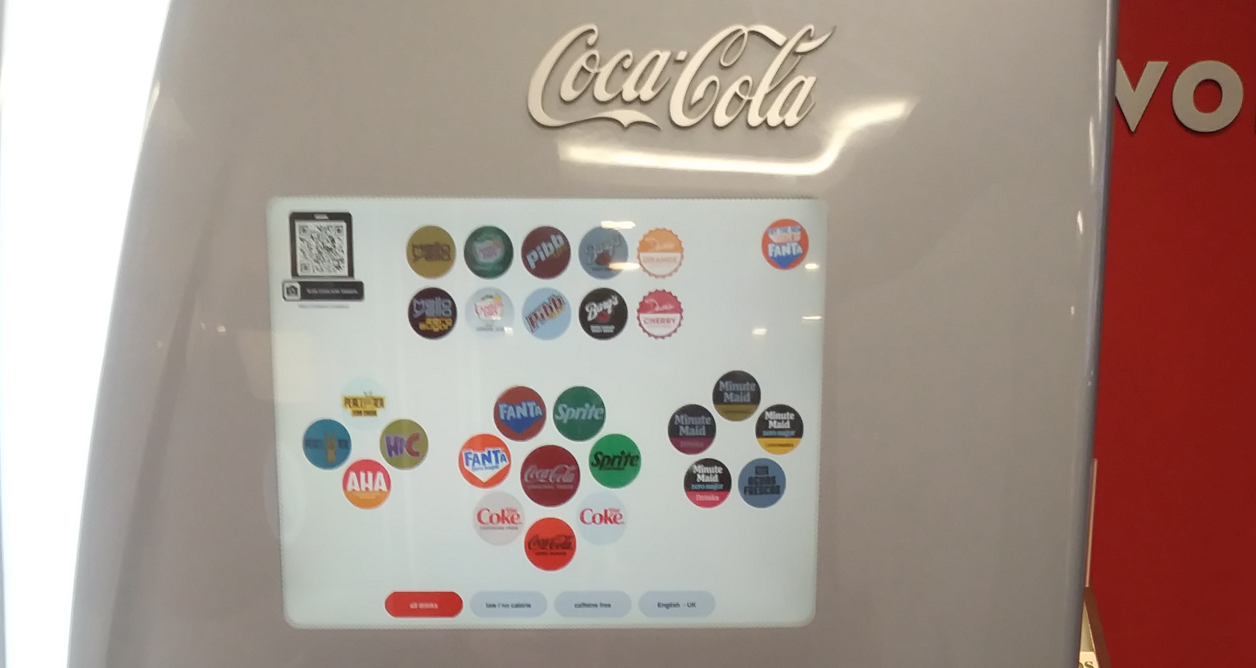 A photo of the touch screen on the drink dispenser at Wendy's. The screen does not allow or give access for a person with a vision impairment to choose their choice of beverage.