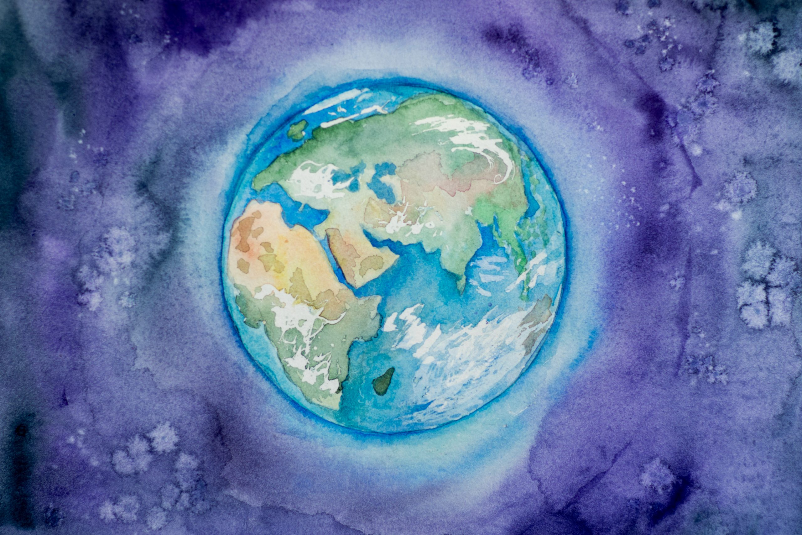 A watercolour painting of the planet Earth floating in purple swirls of space.