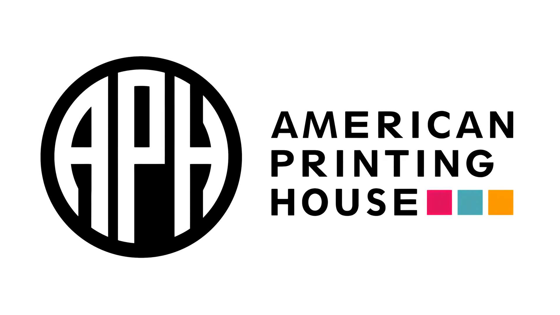 The logo for American Printing House features a bold, circular black emblem on the left containing the stylized white letters 'APH' arranged vertically. To the right of the emblem, the name 'AMERICAN PRINTING HOUSE' appears in uppercase black letters stacked in three lines. Below the text are three colored squares in magenta, teal, and orange, representing creativity and diversity. The design is clean and modern, emphasizing clarity and boldness.