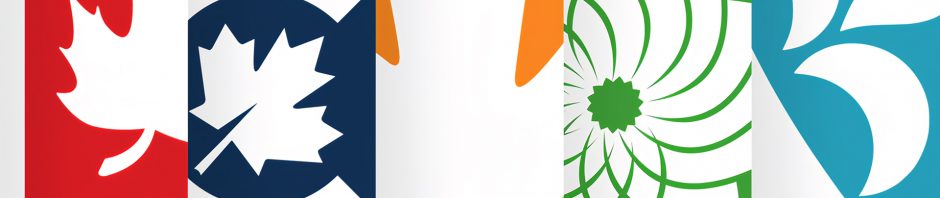 A stylized collage features the logos of five major Canadian political parties, each represented in a vertical color block with symbolic elements. From left to right: the red block with a white maple leaf and 'L' for the Liberal Party; the navy blue block with a white 'C' and maple leaf for the Conservative Party; the orange block with a simplified white maple leaf for the New Democratic Party (NDP); the green block with a white floral spiral for the Green Party; and the light blue block with a fleur-de-lis-like design for the Bloc Québécois. Each logo emphasizes its party's identity through iconic shapes and bold color.