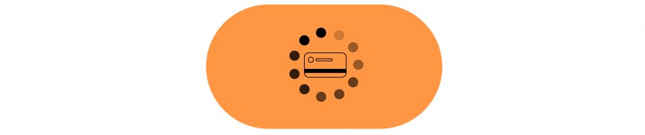 A graphic features an orange pill-shaped button centered on a white background, with a black icon of a credit card in the middle surrounded by a circular arrangement of shaded dots, suggesting a loading or processing animation. The design conveys a digital payment or transaction in progress.
