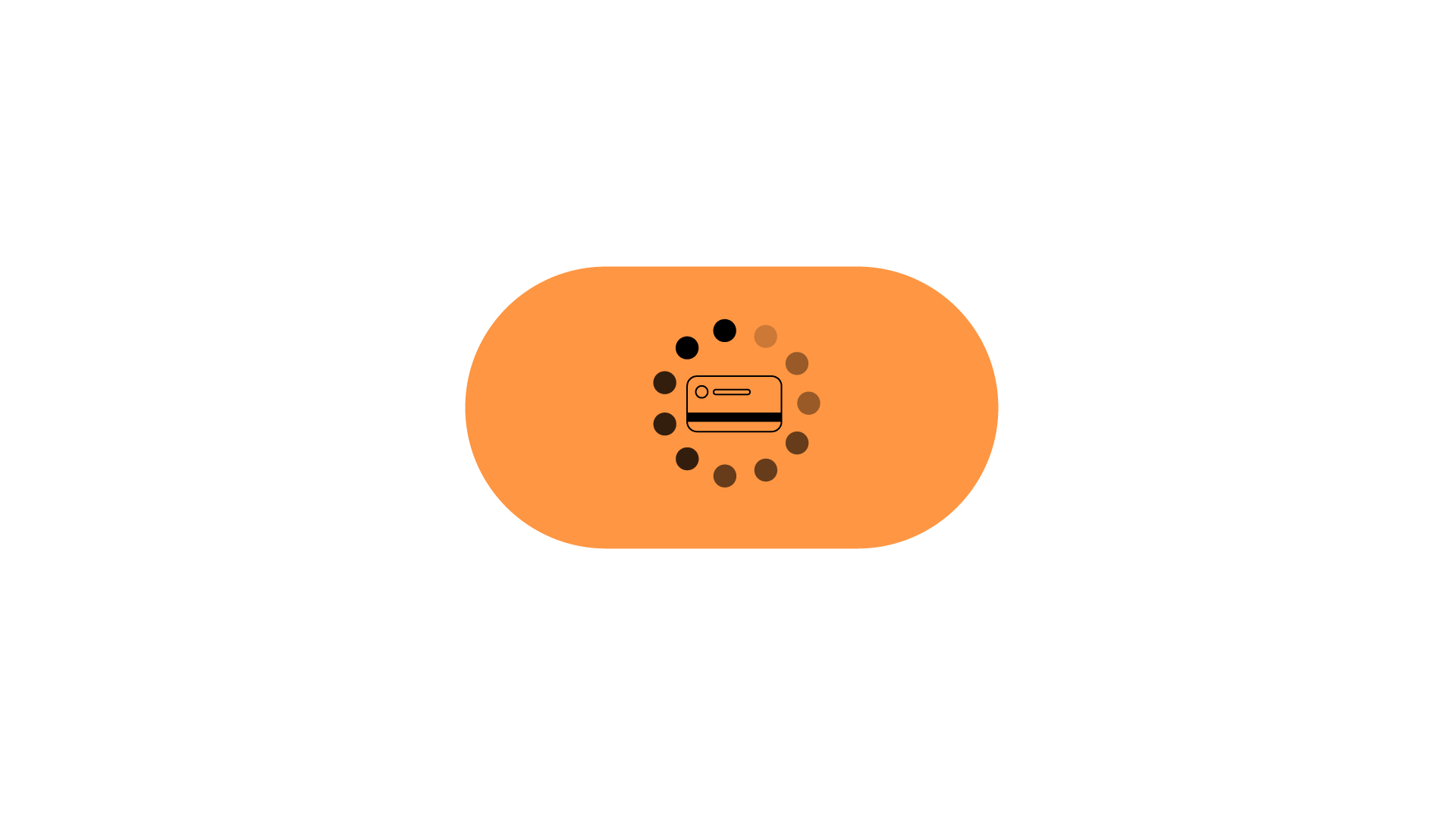 A graphic features an orange pill-shaped button centered on a white background, with a black icon of a credit card in the middle surrounded by a circular arrangement of shaded dots, suggesting a loading or processing animation. The design conveys a digital payment or transaction in progress.