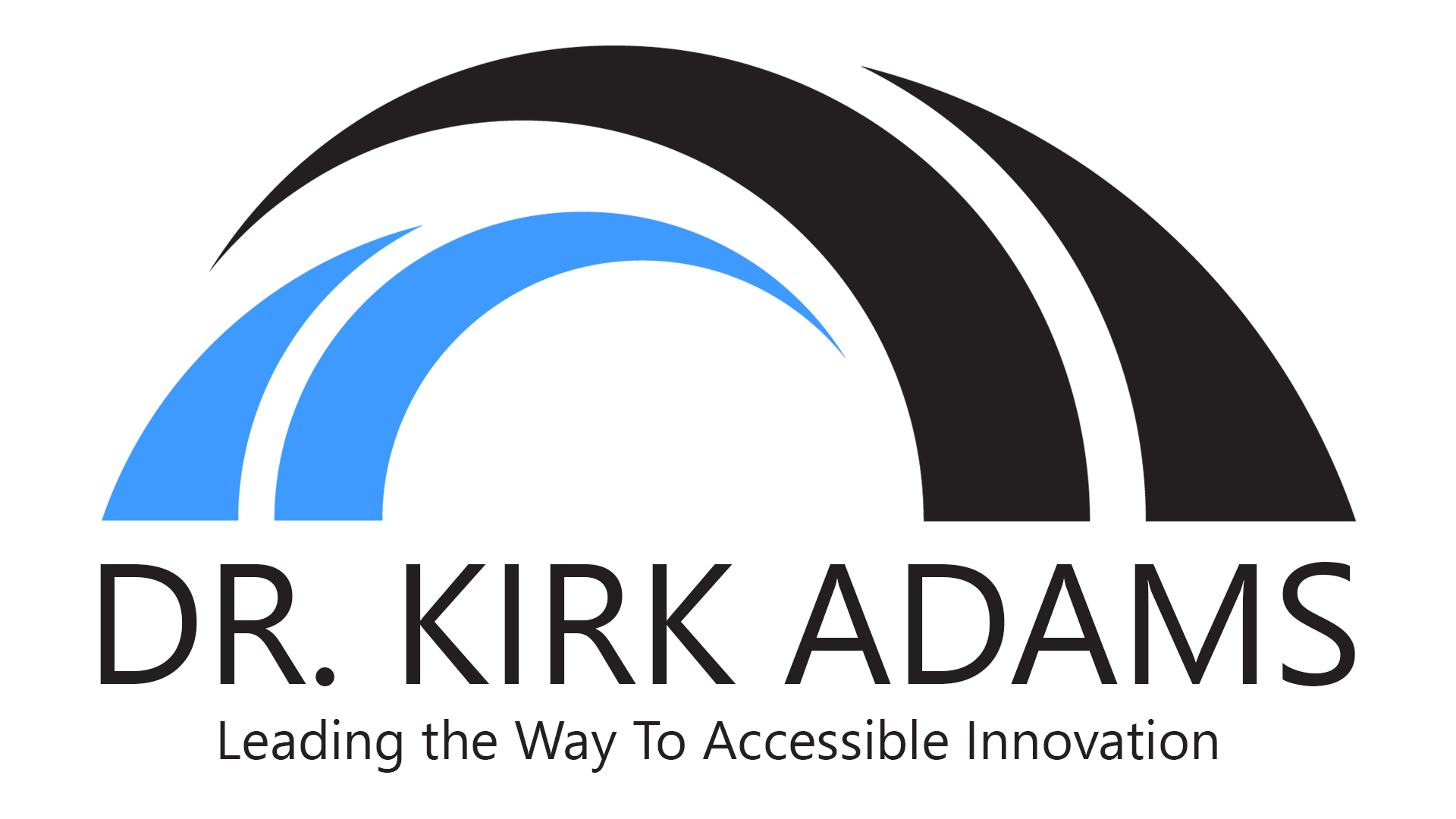 The image features a stylized logo at the top consisting of two curved shapes, one black and one blue, resembling an arch or wave. Below the logo, the text reads 'Dr. Kirk Adams' with a tagline underneath that reads 'Leading the Way To Accessible Innovation.' In the lower part of the image, a dark blue ribbon with a bow is displayed, with a pair of scissors positioned as if ready to cut the ribbon. To the right, a light blue and dark blue rocket is depicted launching upward, emitting a blue trail and surrounded by clouds, suggesting a theme of progress or a new beginning. The background has light blue rays radiating outward, adding a sense of energy and dynamism.