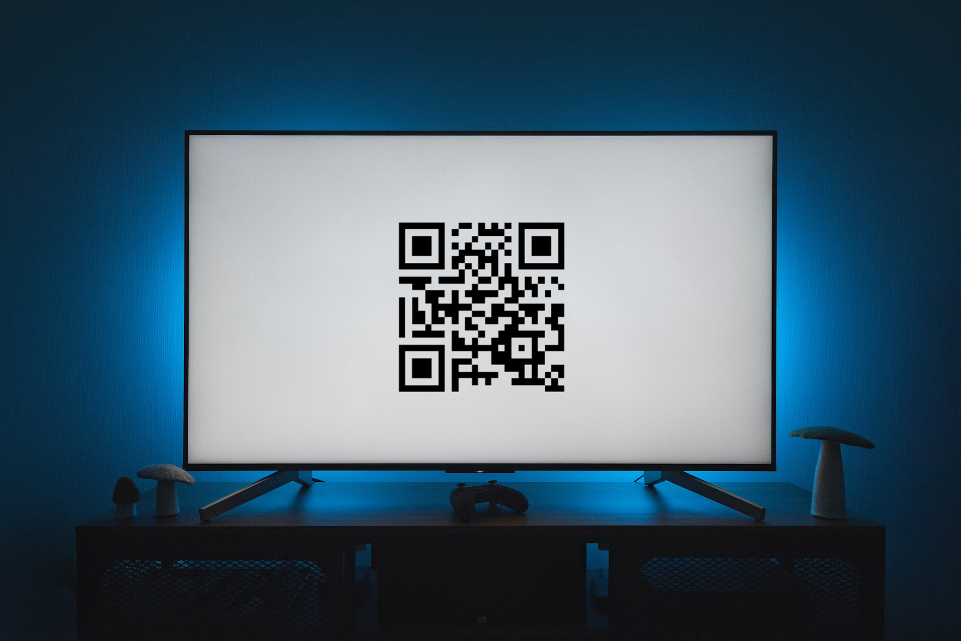 A large flat-screen television displays a black-and-white QR code centered on a bright white screen, with a soft blue backlight illuminating the dark room. The TV sits on a media console, flanked by two mushroom-shaped decorative lamps and a video game controller in the middle. The scene suggests a tech-savvy environment, possibly for entertainment or digital access setup.