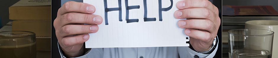 A laptop screen displays a man holding a white piece of lined paper with the word 'HELP' written in bold black letters, giving the illusion that his hands are emerging from the screen. The man’s face is partially obscured, and he is dressed in a white shirt. The laptop is placed on a desk cluttered with objects including a pair of glasses, a coffee mug, a glass of water, a smartphone, and stacked books, creating a scene that suggests stress, overwhelm, or a call for assistance in a work or academic setting.