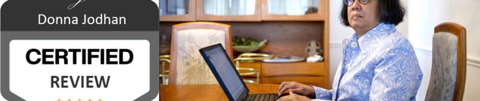 A badge reads 'Certified Review' by Donna Jodhan next to a photo of Donna Jodhan writing at a laptop.