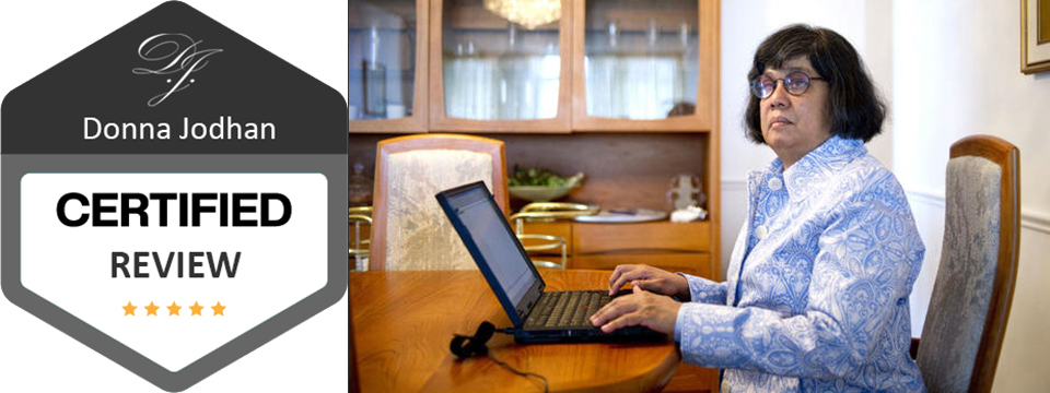 A badge reads 'Certified Review' by Donna Jodhan next to a photo of Donna Jodhan writing at a laptop.