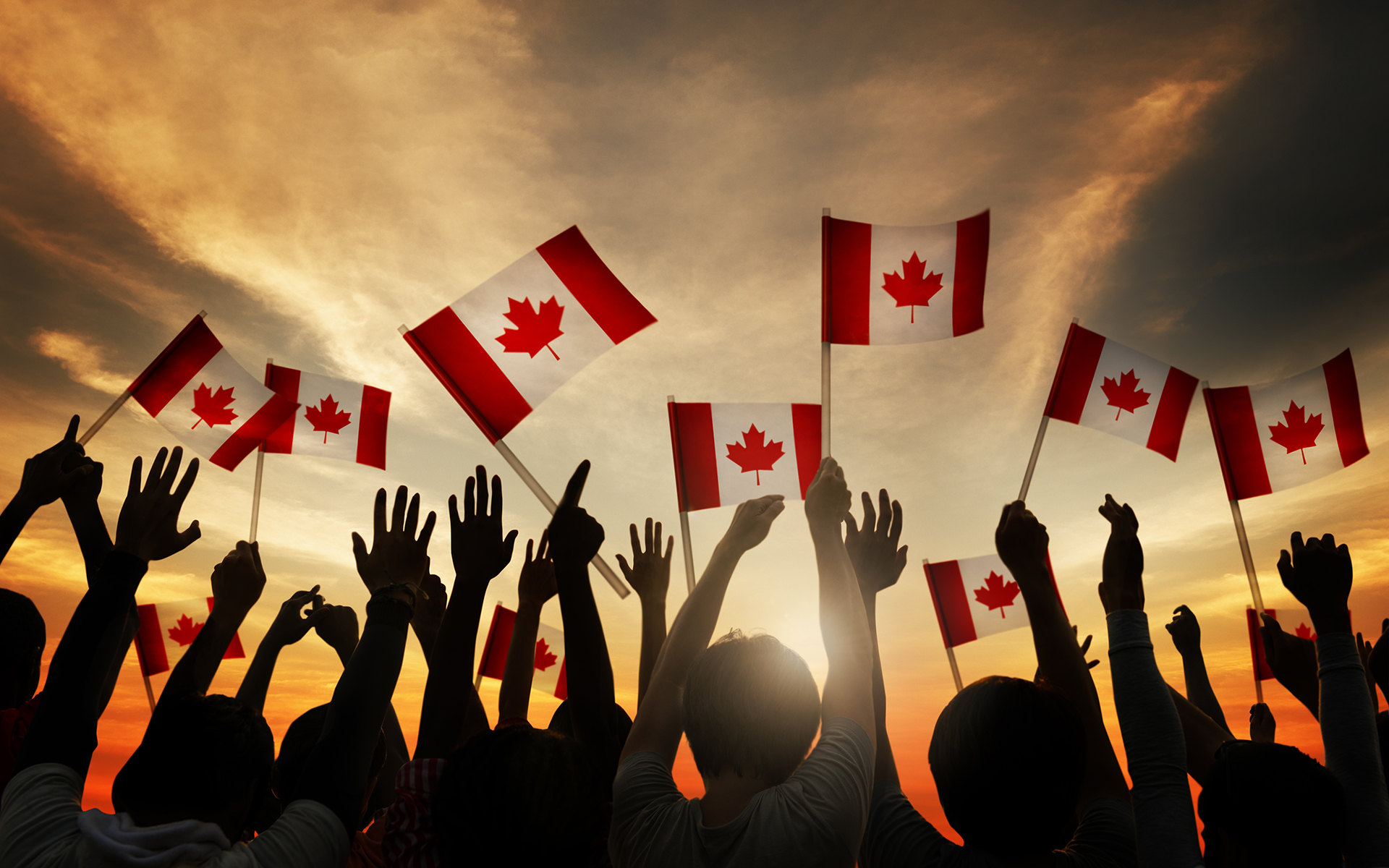 A crowd of people is seen from behind, raising their hands and waving Canadian flags against a dramatic sunset sky. The red and white flags, featuring the maple leaf emblem, stand out against the warm hues of orange and yellow in the background. Silhouettes of the individuals create a sense of unity and celebration, suggesting a patriotic gathering or national event. The positioning of the flags and the reaching hands add movement and energy to the scene.