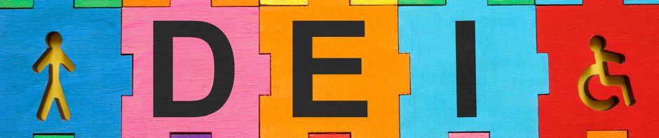 A colorful puzzle-like background features interlocking wooden pieces in bright shades of blue, green, yellow, orange, pink, purple, and red. Some pieces have cut-out silhouettes of diverse human figures, including individuals walking, figures in dresses, and wheelchair users, symbolizing inclusivity. The bold black letters 'D,' 'E,' and 'I' are prominently displayed in the center, representing Diversity, Equity, and Inclusion. The vibrant composition visually reinforces the theme of unity and representation.