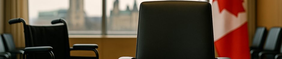 A black office chair sits prominently at a wooden conference table in a formal room, flanked by a wheelchair on the left and a row of chairs in the background. A large Canadian flag is partially visible on the right side, and through the window behind the scene, blurred towers of Parliament Hill in Ottawa are visible under a cloudy sky, suggesting a governmental or political setting focused on accessibility or disability rights.