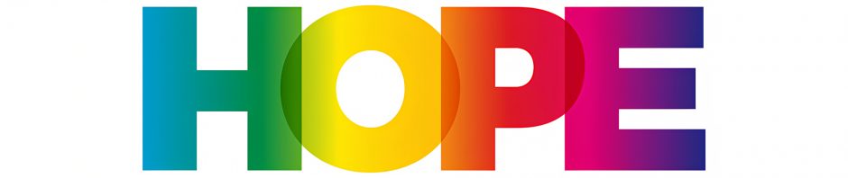 The image features the word 'HOPE' in bold, uppercase letters centered on a white background. Each letter is filled with a vibrant gradient transitioning through the colors of the rainbow: the 'H' blends from blue to green, the 'O' from yellow to orange, the 'P' from red to magenta, and the 'E' from magenta to deep purple. The colors merge where letters overlap slightly, symbolizing unity and optimism.