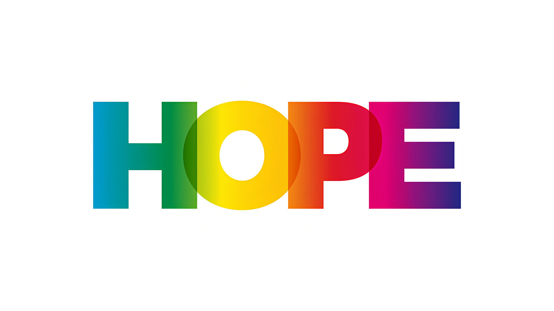 The image features the word 'HOPE' in bold, uppercase letters centered on a white background. Each letter is filled with a vibrant gradient transitioning through the colors of the rainbow: the 'H' blends from blue to green, the 'O' from yellow to orange, the 'P' from red to magenta, and the 'E' from magenta to deep purple. The colors merge where letters overlap slightly, symbolizing unity and optimism.