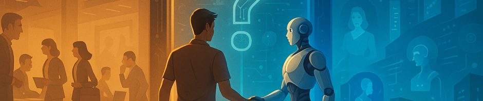 A digital illustration is split diagonally into warm orange and cool blue tones, where a silhouetted man in casual clothes stands on the orange office side and shakes hands across a glowing doorway with a sleek white-and-grey humanoid robot on the blue tech side; above them the year 2025 and a large circuitry-patterned question mark suggest an uncertain future, while faint icons of gavels, scales, locks, brains, and human or robot profiles float in their respective halves to represent legal, security, and ethical considerations.