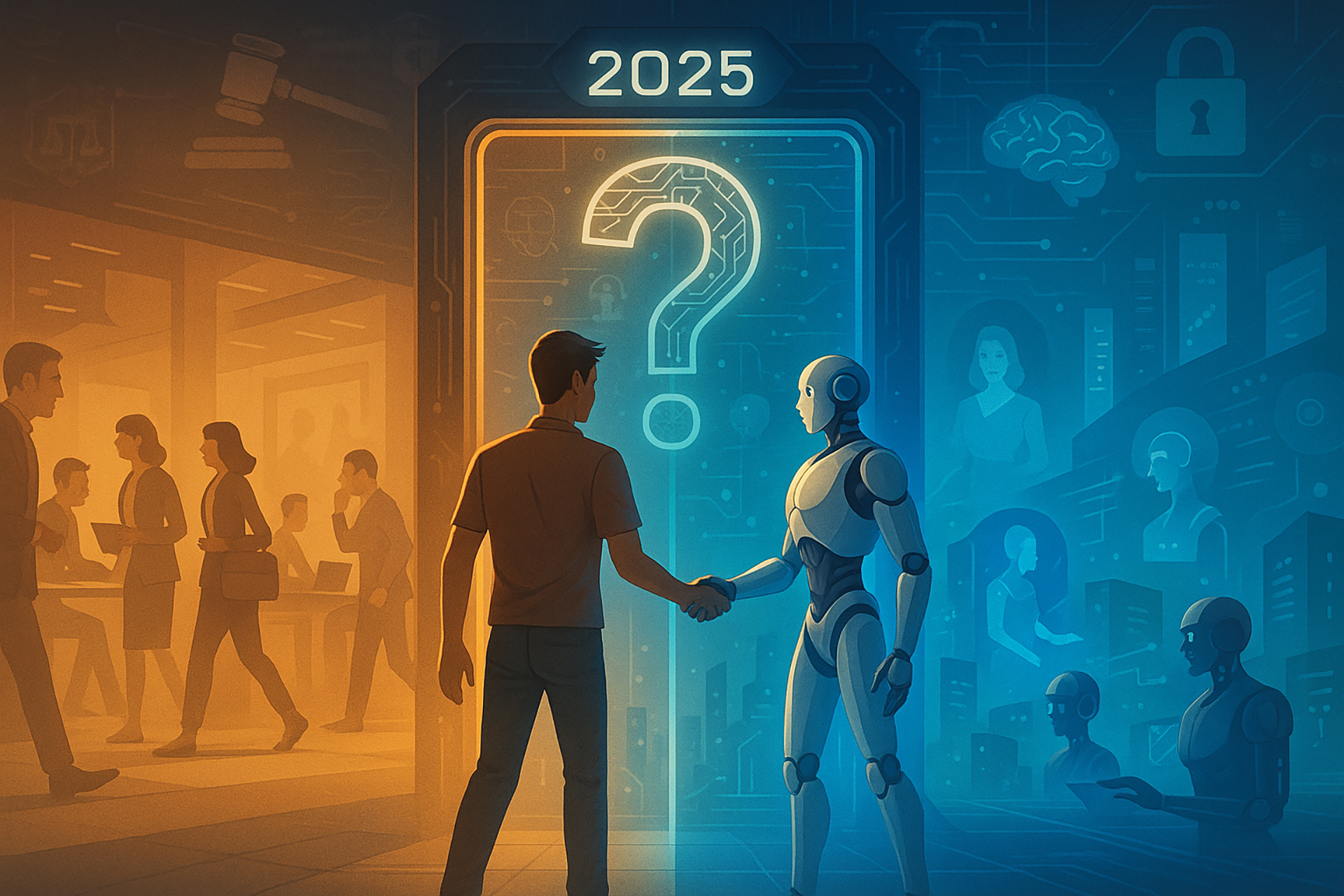 A digital illustration is split diagonally into warm orange and cool blue tones, where a silhouetted man in casual clothes stands on the orange office side and shakes hands across a glowing doorway with a sleek white-and-grey humanoid robot on the blue tech side; above them the year 2025 and a large circuitry-patterned question mark suggest an uncertain future, while faint icons of gavels, scales, locks, brains, and human or robot profiles float in their respective halves to represent legal, security, and ethical considerations.