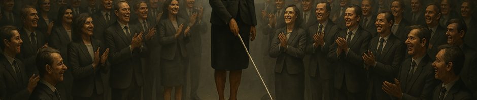 Under harsh overhead spotlights, a blind woman in sunglasses and a charcoal skirt suit balances on a cracked stone pedestal, holding a long white cane tipped red, while a crowd of near-identical executives in dark suits encircle her clapping and grinning; the stained concrete wall proclaims 'DIVERSITY MATTERS' on the left and 'ONE OF US' on the right, and shattered floor slabs labeled 'Inclusion', 'Representation' and a ticked checkbox for 'Visibility' lie at her feet, highlighting performative diversity and tokenism.