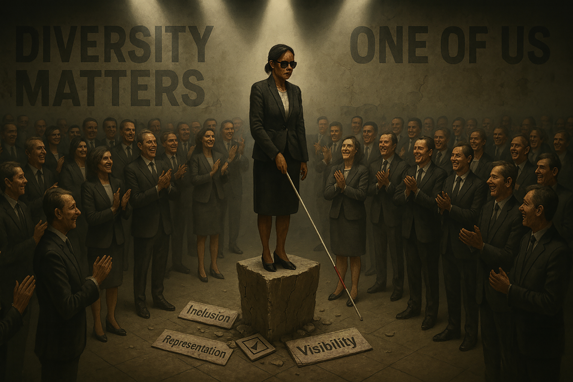 Under harsh overhead spotlights, a blind woman in sunglasses and a charcoal skirt suit balances on a cracked stone pedestal, holding a long white cane tipped red, while a crowd of near-identical executives in dark suits encircle her clapping and grinning; the stained concrete wall proclaims 'DIVERSITY MATTERS' on the left and 'ONE OF US' on the right, and shattered floor slabs labeled 'Inclusion', 'Representation' and a ticked checkbox for 'Visibility' lie at her feet, highlighting performative diversity and tokenism.