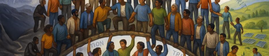 A symbolic painting shows diverse people standing hand-in-hand across two arched bridges spanning a chasm, transitioning from a stormy, dark landscape on the left labeled 'DIVISION' to a bright, green landscape with solar panels on the right labeled 'SOLIDARITY'. The bridges are formed by people supporting each other, with words like 'EMPATHY', 'JUSTICE', 'ACTION', 'HOPE', and 'TRUTH' arching overhead. On the dark side, individuals appear isolated and struggling, while on the bright side, people are collaborating and planting a tree, illustrating unity and positive transformation through collective action.