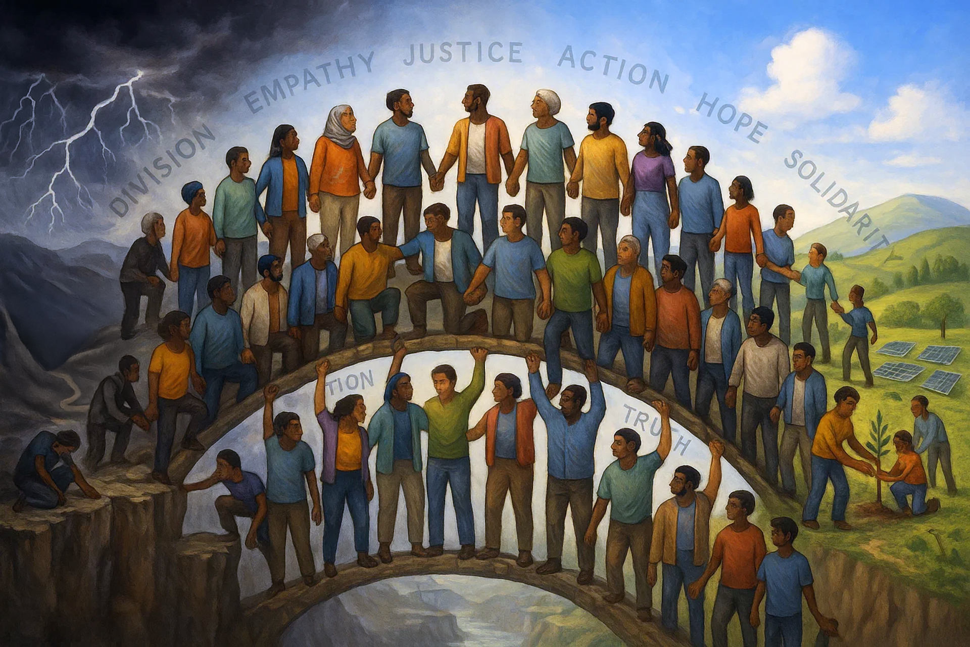 A symbolic painting shows diverse people standing hand-in-hand across two arched bridges spanning a chasm, transitioning from a stormy, dark landscape on the left labeled 'DIVISION' to a bright, green landscape with solar panels on the right labeled 'SOLIDARITY'. The bridges are formed by people supporting each other, with words like 'EMPATHY', 'JUSTICE', 'ACTION', 'HOPE', and 'TRUTH' arching overhead. On the dark side, individuals appear isolated and struggling, while on the bright side, people are collaborating and planting a tree, illustrating unity and positive transformation through collective action.