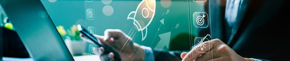 A woman in business attire sits at a desk using a smartphone and stylus to interact with a calculator, with a laptop open nearby; overlaid digital graphics depict a rocket launching surrounded by icons representing analytics, artificial intelligence, communication, and strategy, suggesting innovation or startup growth in a tech-driven work environment.