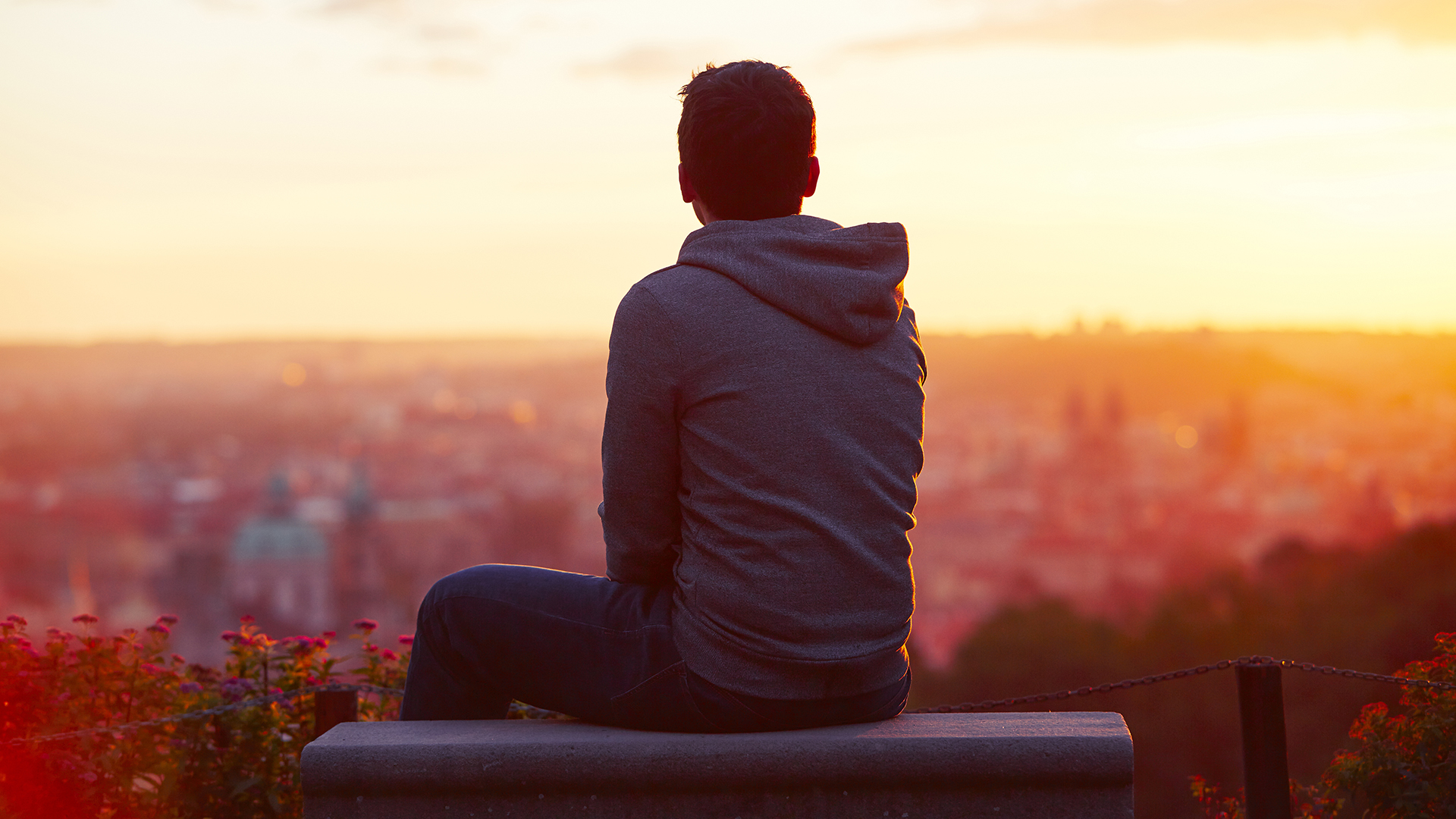 A person wearing a dark hoodie and jeans sits on a stone ledge, facing away from the camera and looking out over a blurred cityscape bathed in warm golden light from the setting sun; red and pink flowers frame the lower edge of the image, and the atmosphere suggests quiet reflection or solitude.