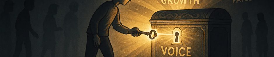 A young boy is shown unlocking a glowing treasure chest with a large key, illuminating words like 'voice' and 'presence' on the chest and casting a heroic shadow of himself in a cape on the floor. Surrounding him are symbolic keys floating in the air labeled with words such as 'self-belief', 'courage', 'growth', 'kindness', and 'failure', while shadowy human figures fade into the background. The atmosphere is dark and misty, but the golden light from the chest highlights the boy's determined expression, suggesting a metaphorical journey of self-discovery and empowerment.