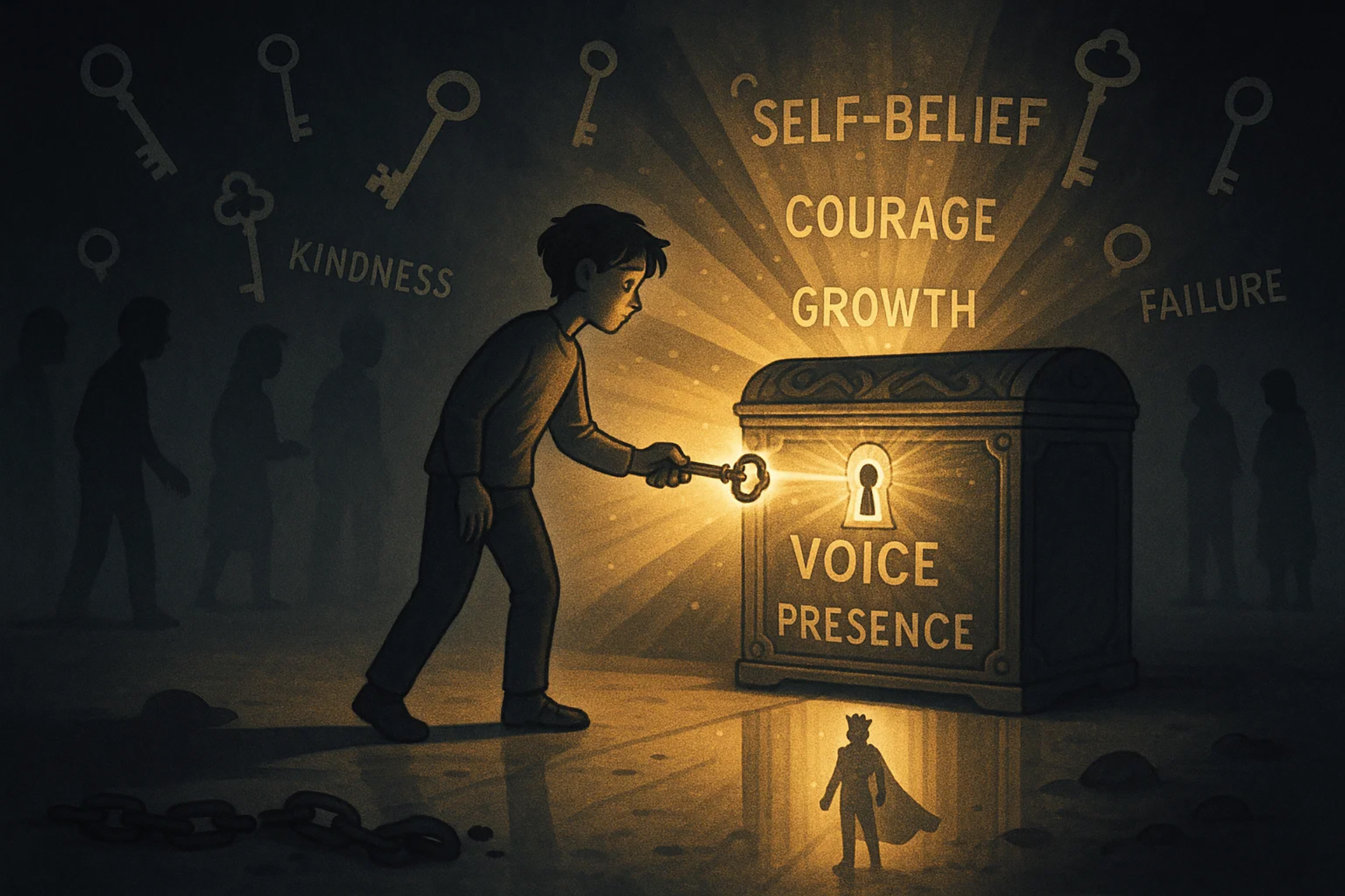 A young boy is shown unlocking a glowing treasure chest with a large key, illuminating words like 'voice' and 'presence' on the chest and casting a heroic shadow of himself in a cape on the floor. Surrounding him are symbolic keys floating in the air labeled with words such as 'self-belief', 'courage', 'growth', 'kindness', and 'failure', while shadowy human figures fade into the background. The atmosphere is dark and misty, but the golden light from the chest highlights the boy's determined expression, suggesting a metaphorical journey of self-discovery and empowerment.