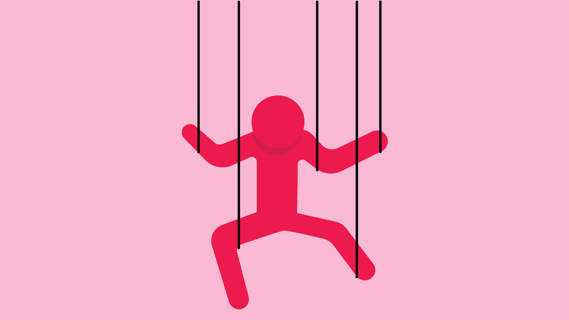 A minimalist illustration shows a red stick-figure-style person against a light pink background, with black vertical strings attached to the figure's limbs and head, suggesting the person is being controlled like a puppet.