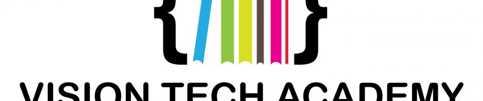 The logo for Vision Tech Academy features a colorful stack of vertical books arranged inside a pair of black curly brackets, symbolizing both education and coding. The books are shaded in blue, green, yellow, brown, pink, and red. Beneath the graphic, the name 'VISION TECH ACADEMY' is written in bold black uppercase letters. Below that, the words 'EDUCATION. EMPOWERMENT. EXCELLENCE.' appear in blue, green, and pink respectively, reinforcing the academy’s mission through a vibrant and modern design.