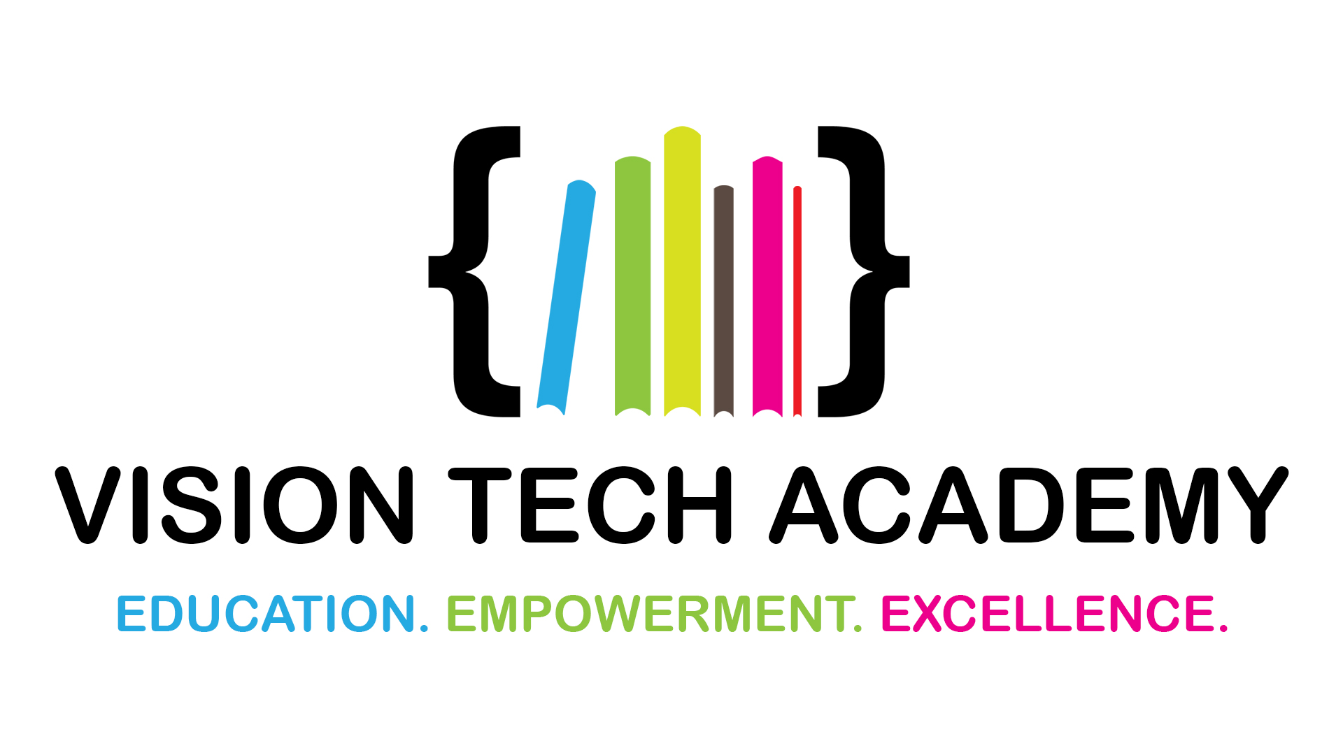 The logo for Vision Tech Academy features a colorful stack of vertical books arranged inside a pair of black curly brackets, symbolizing both education and coding. The books are shaded in blue, green, yellow, brown, pink, and red. Beneath the graphic, the name 'VISION TECH ACADEMY' is written in bold black uppercase letters. Below that, the words 'EDUCATION. EMPOWERMENT. EXCELLENCE.' appear in blue, green, and pink respectively, reinforcing the academy’s mission through a vibrant and modern design.