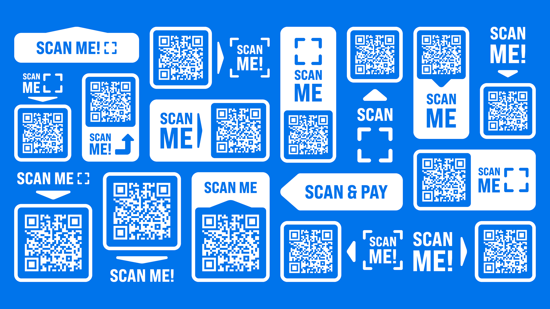 A collage of multiple white QR codes on a bright blue background, each framed in various white shapes like speech bubbles, rectangles, and pointers, with accompanying text such as 'SCAN ME!' and 'SCAN & PAY' in bold capital letters; some include directional arrows or stylized scanning icons, all designed to attract attention and prompt users to scan the codes.