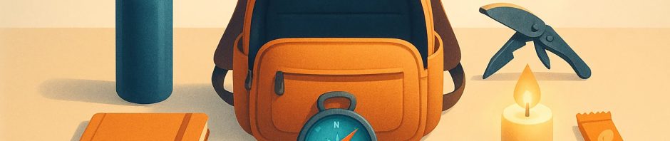 An illustrated layout titled 'A Daily Survival Kit' features a central orange backpack surrounded by essential items on a beige surface. These include a dark blue water bottle, an orange notebook, black headphones, a compass, a small multitool, a shield emblem, a lit candle, a protein bar, a smartphone, and a foldable multitool. The arrangement suggests preparedness for daily challenges or emergencies, blending practicality with a minimalist aesthetic.