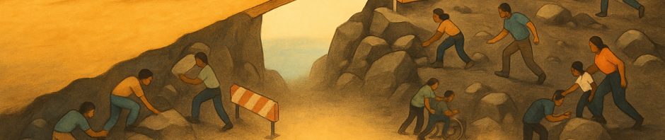 An illustration depicts two large hands placing a plank to bridge a gap between two cliffs, enabling people on the left, who are running on smooth ground, to cross over to the right side where others struggle to navigate rocky terrain; below, a diverse group of individuals collaborate by reading, planning, speaking through a megaphone, holding blueprints, and assisting others, symbolizing teamwork and support to overcome obstacles.