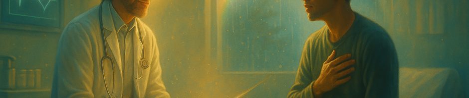 A softly lit clinic room shows a compassionate doctor with a stethoscope seated near a patient on an exam bed. The patient faces him, one hand over his heart, listening. A rain-spattered window behind them holds a pale rainbow. On a small table between them are several glowing glass bottles marked with simple symbols (heart, leaf, moon, handshake), echoing themes of love, peace, patience, and rest. An ECG screen with a heart icon and a wall clock complete the quiet, hopeful scene.