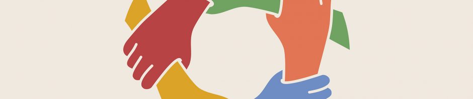 A minimalist illustration shows four stylized hands of different colors—green, red, orange, and blue—grasping each other's wrists in a circular formation, symbolizing unity, teamwork, and mutual support against a light beige background.