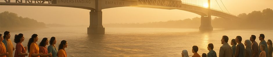 A large suspension bridge stretches across a calm river at sunset, with the words 'UNDERSTANDING' and 'EMPATHY' inscribed on its support beams. On opposite banks, two diverse groups of people face each other solemnly: women in vibrant saris on the left and individuals in muted-toned modern attire on the right. The golden light of dusk bathes the scene, creating a peaceful atmosphere as both groups appear to be participating in a symbolic or ceremonial gathering. Flags with simple circular designs hang from the bridge, reinforcing the theme of unity and connection.