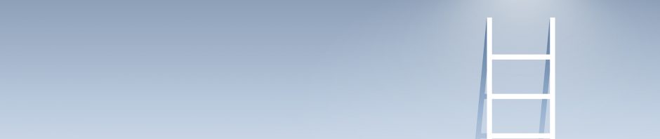 A white ladder extends vertically from the bottom of the image toward the top right, reaching just beneath a black ceiling lamp that casts a focused beam of light downward, illuminating the upper part of the ladder. The background fades from a deep blue at the top to a light gradient at the bottom, creating a minimalistic and surreal atmosphere.