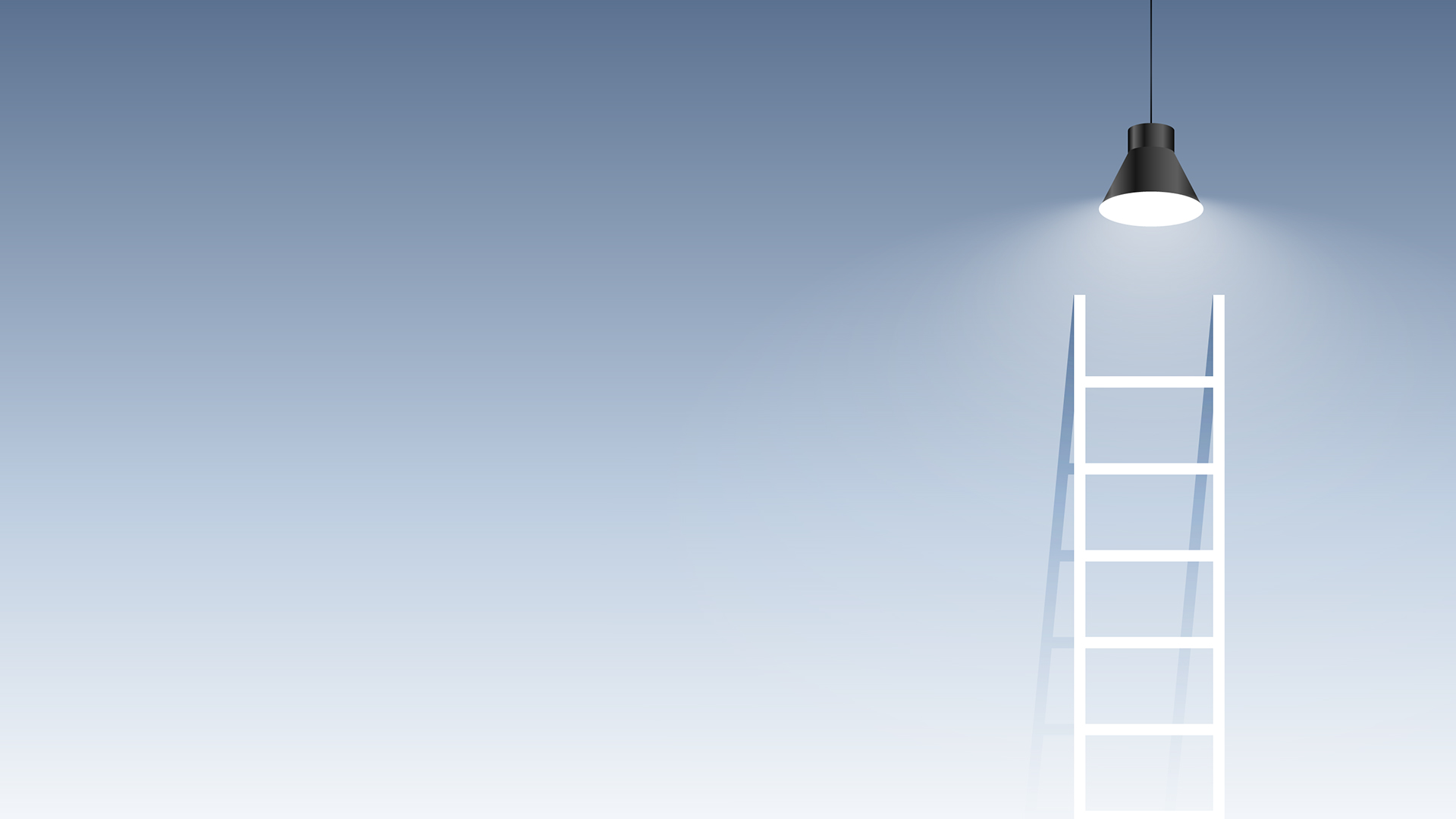 A white ladder extends vertically from the bottom of the image toward the top right, reaching just beneath a black ceiling lamp that casts a focused beam of light downward, illuminating the upper part of the ladder. The background fades from a deep blue at the top to a light gradient at the bottom, creating a minimalistic and surreal atmosphere.