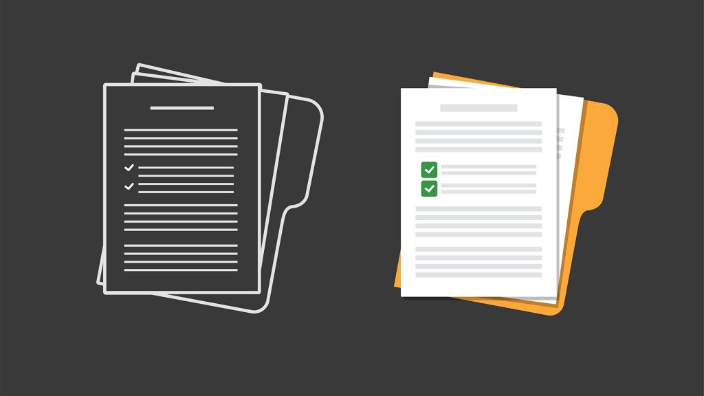 Two stacks of documents are shown side by side on a dark gray background, with the left stack depicted as a white outline icon featuring lines of text and two checkmarks, and the right stack rendered in a more detailed style with white papers, green checkmarks beside text lines, and an orange folder partially visible behind the pages, suggesting completed or approved paperwork.