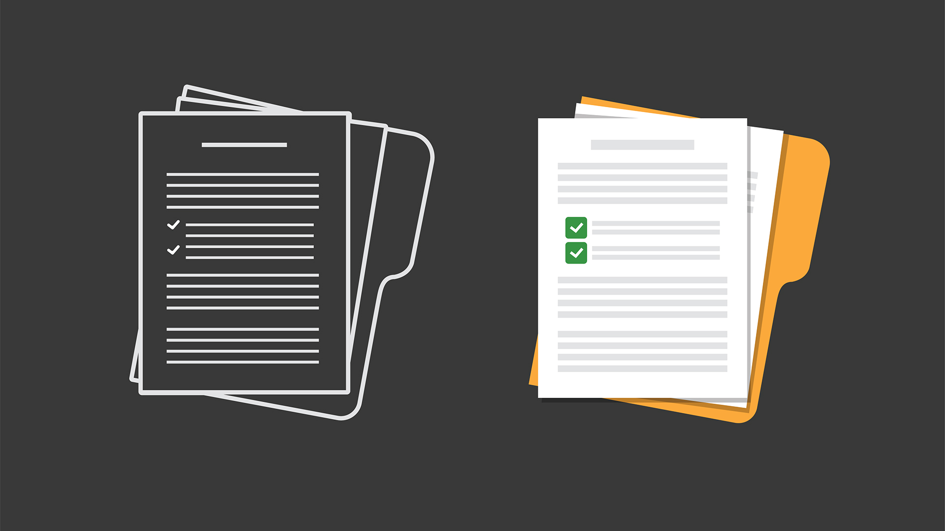 Two stacks of documents are shown side by side on a dark gray background, with the left stack depicted as a white outline icon featuring lines of text and two checkmarks, and the right stack rendered in a more detailed style with white papers, green checkmarks beside text lines, and an orange folder partially visible behind the pages, suggesting completed or approved paperwork.