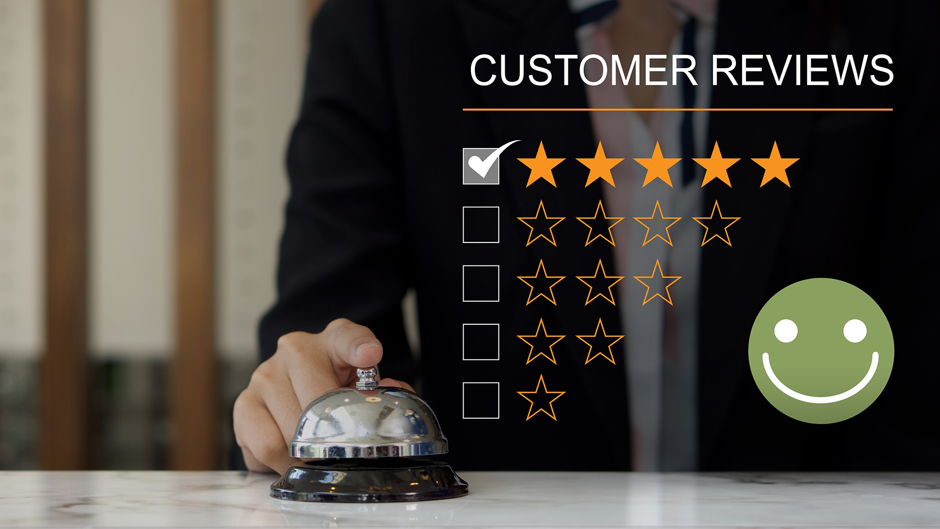A close-up of a person in a dark suit standing behind a reception counter pressing a silver service bell, with a blurred office or hotel lobby background. Overlaid graphics read 'CUSTOMER REVIEWS' with a checklist-style rating display showing five filled gold stars on the top row and progressively fewer outlined stars below, alongside empty checkboxes, suggesting review options. On the right side, a large green circle with a simple smiling face icon represents positive customer satisfaction and feedback.