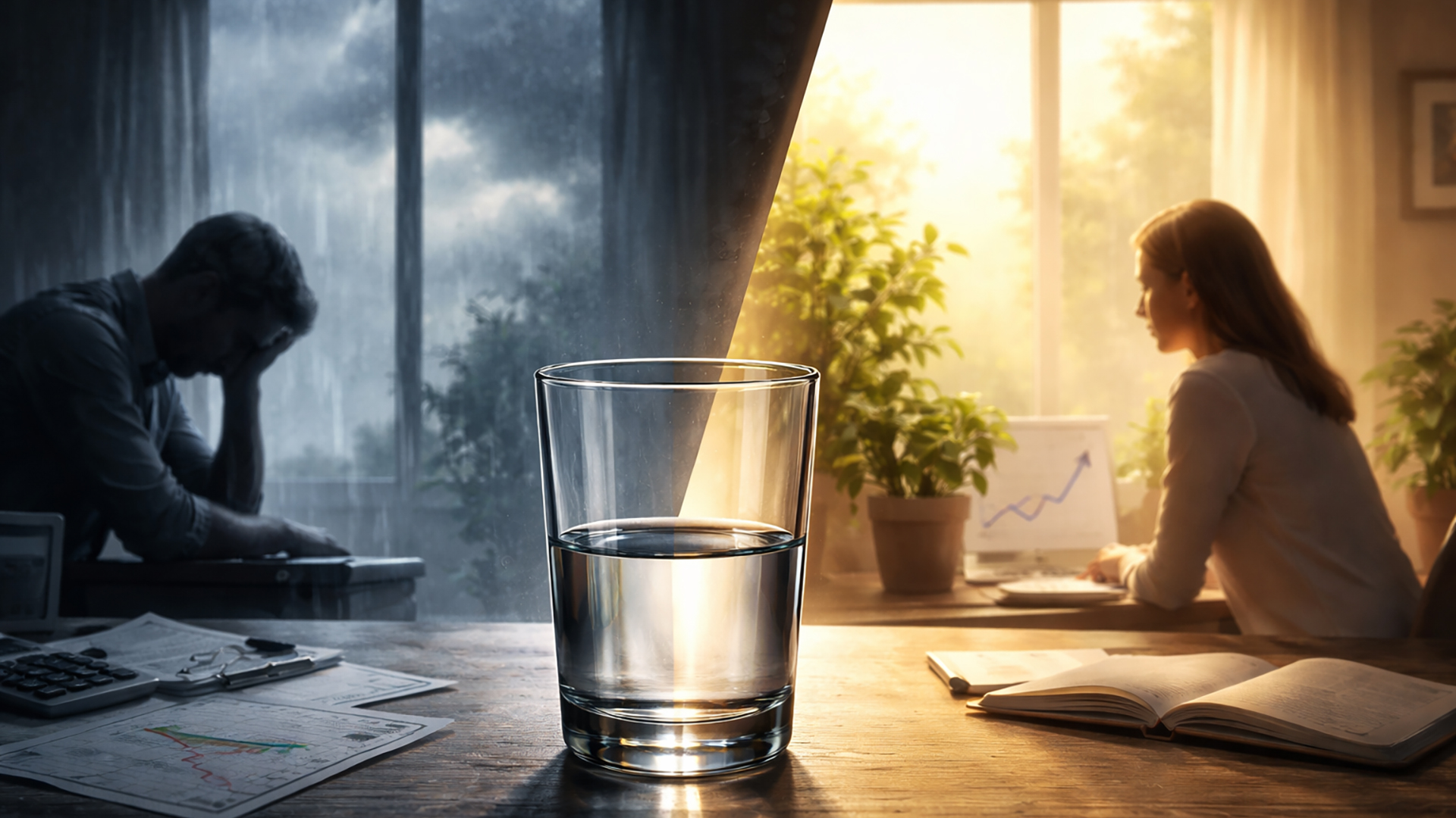 A glass of water sits at the center of a wooden table, symbolizing the concept of optimism and pessimism, with the left side of the image depicting a man in a dim, rainy environment appearing stressed over declining charts, and the right side showing a woman in warm sunlight working confidently near thriving plants and a rising graph, illustrating contrasting moods and perspectives.