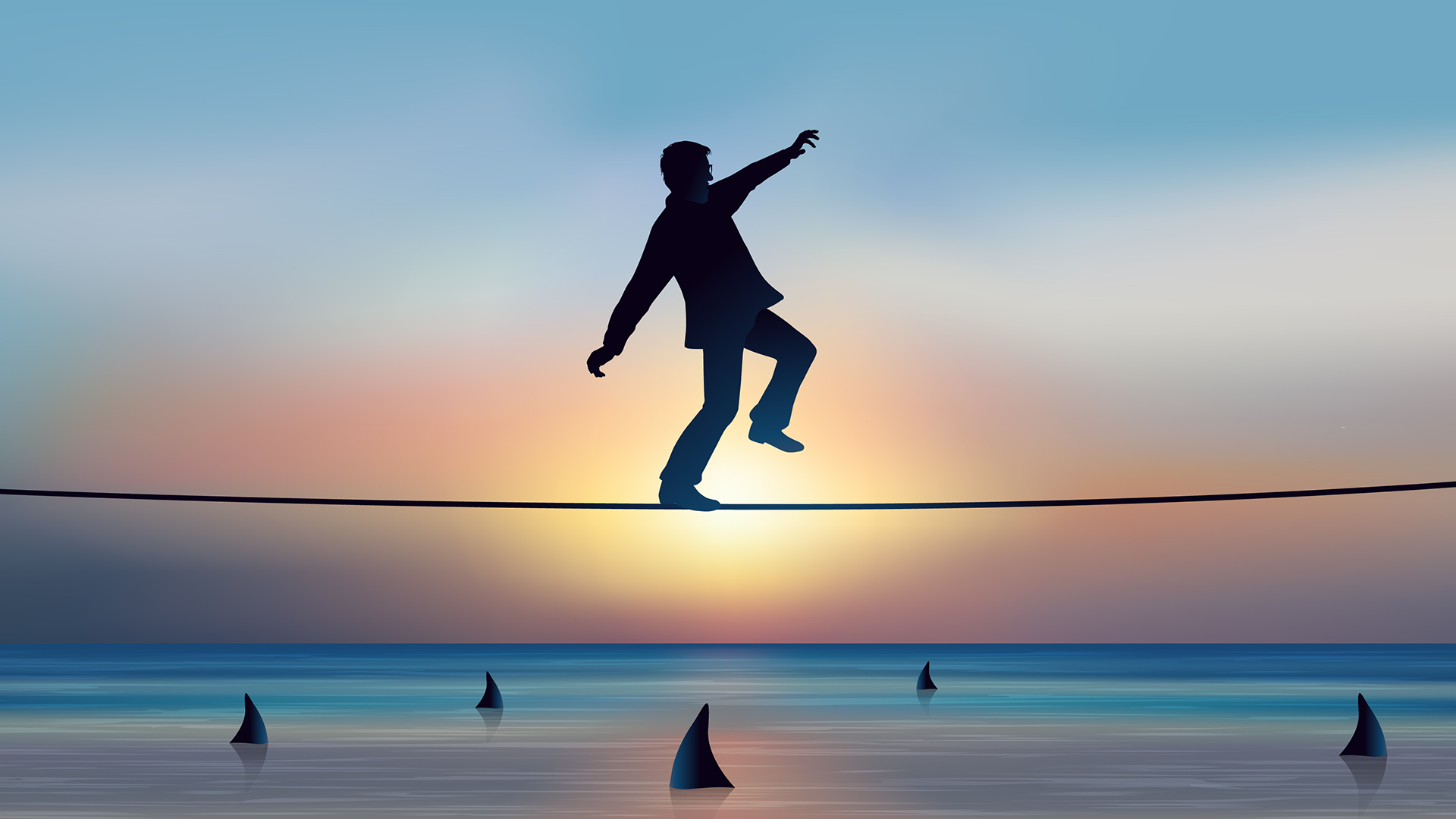 Silhouette of a person balancing on a tightrope above a calm ocean at sunset, one leg lifted and arms outstretched for stability, with the glowing sun low on the horizon casting a gradient sky of blue, orange, and pink, while several shark fins cut through the water below, adding tension and danger to the serene yet dramatic scene.