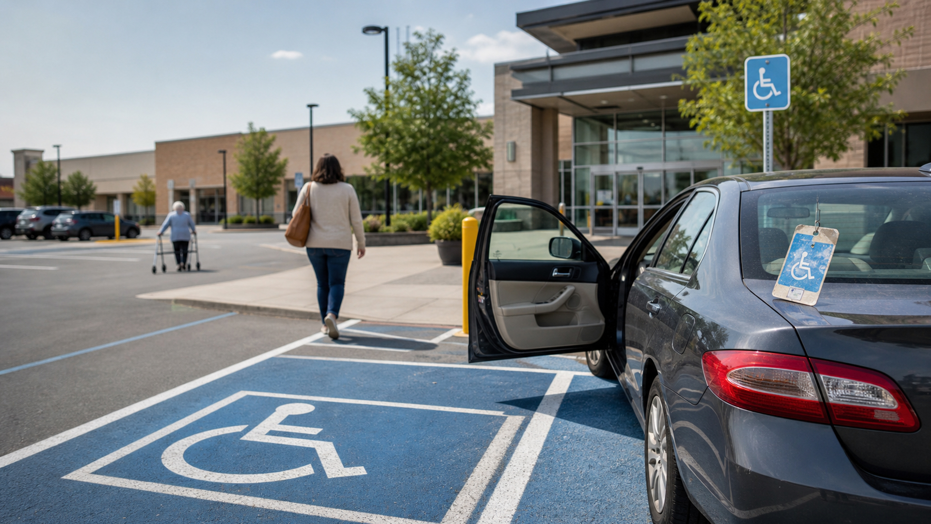 A gray sedan is parked in a blue-marked accessible parking space outside a modern shopping center, with its rear door open and a disabled parking permit hanging inside the window, suggesting possible misuse of the permit, while a woman walks away toward the entrance and an elderly person using a walker moves across the lot in the background, with clear wheelchair symbols painted on the ground and a matching sign posted nearby under a bright daytime sky.